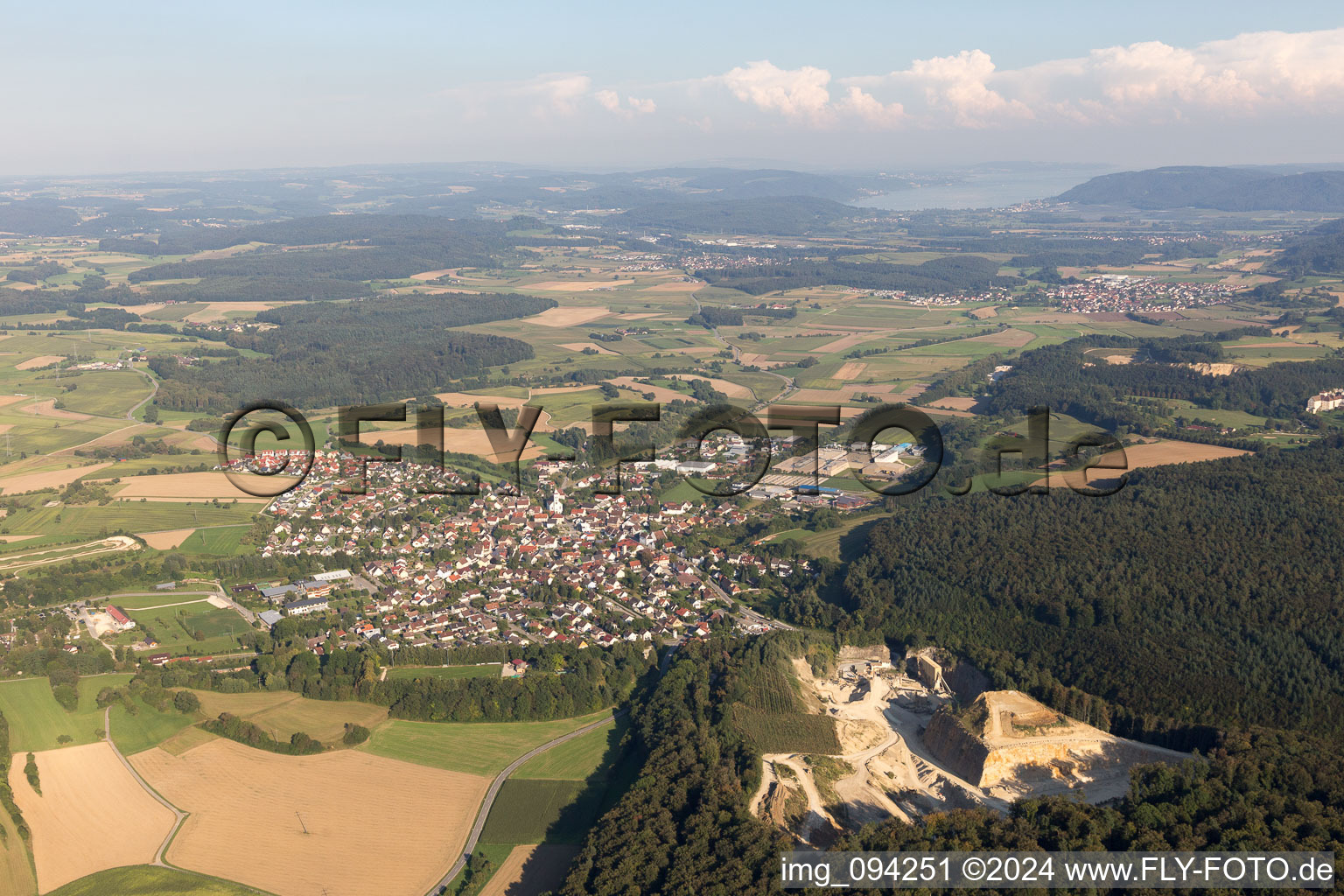 Aerial view of Village - view on the edge of agricultural fields and farmland in Eigeltingen in the state Baden-Wurttemberg