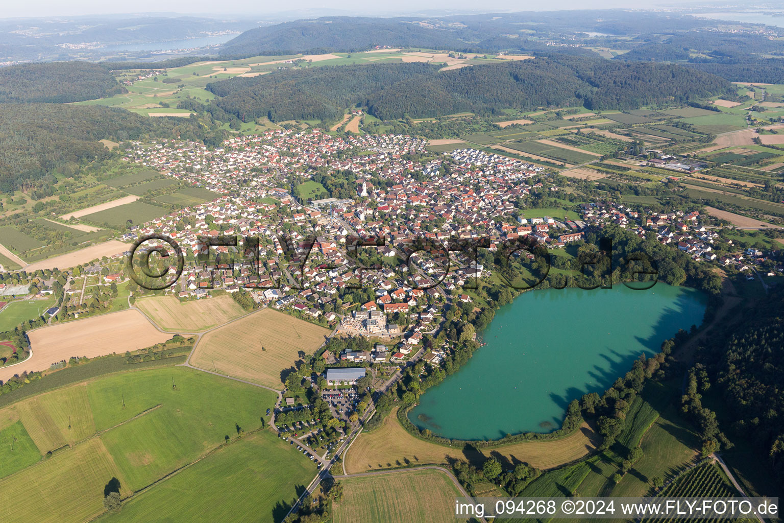 Village on the lake bank areas of Steisslingen Lake in Steisslingen in the state Baden-Wurttemberg, Germany