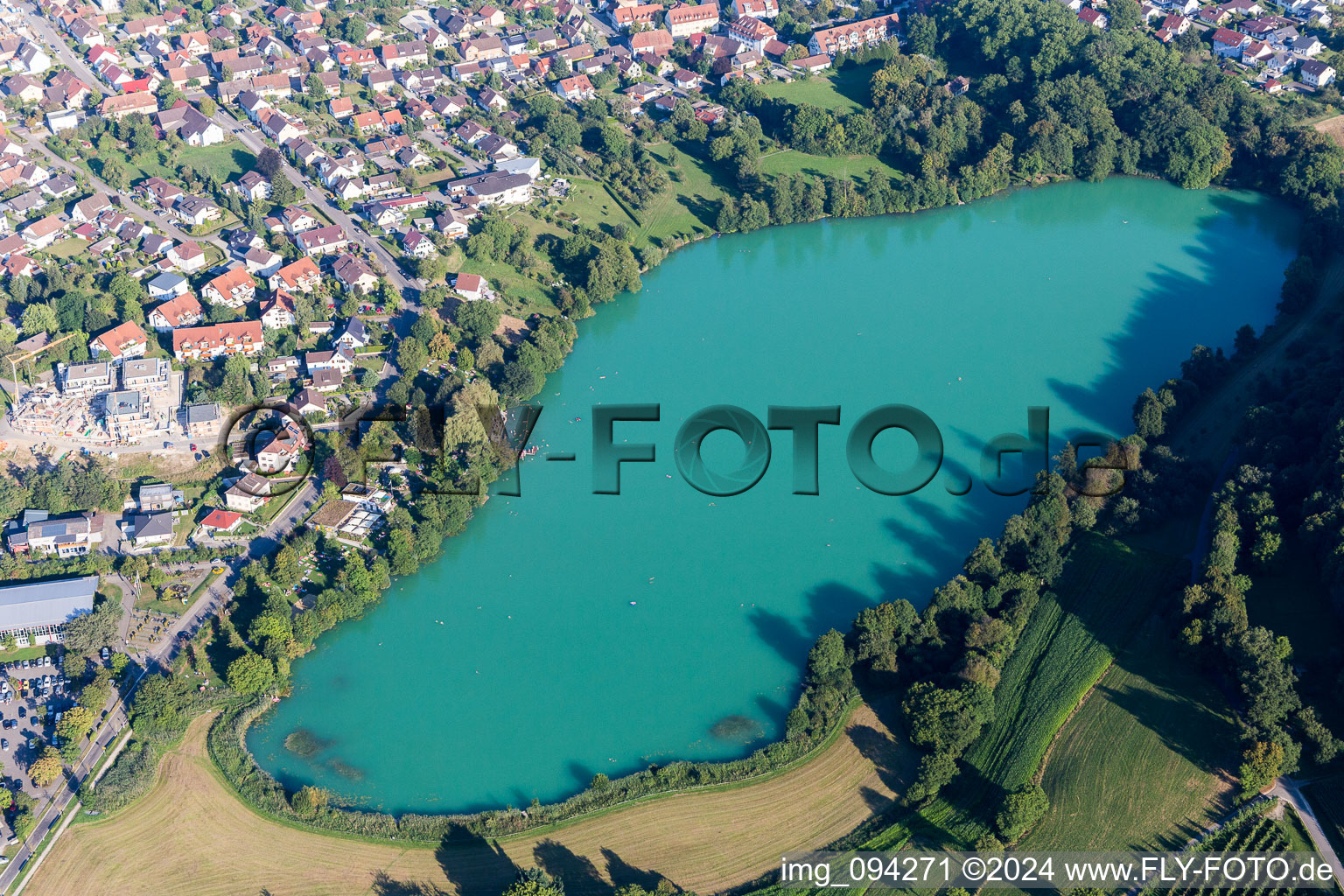 Aerial view of Village on the lake bank areas of Steisslingen Lake in Steisslingen in the state Baden-Wurttemberg, Germany