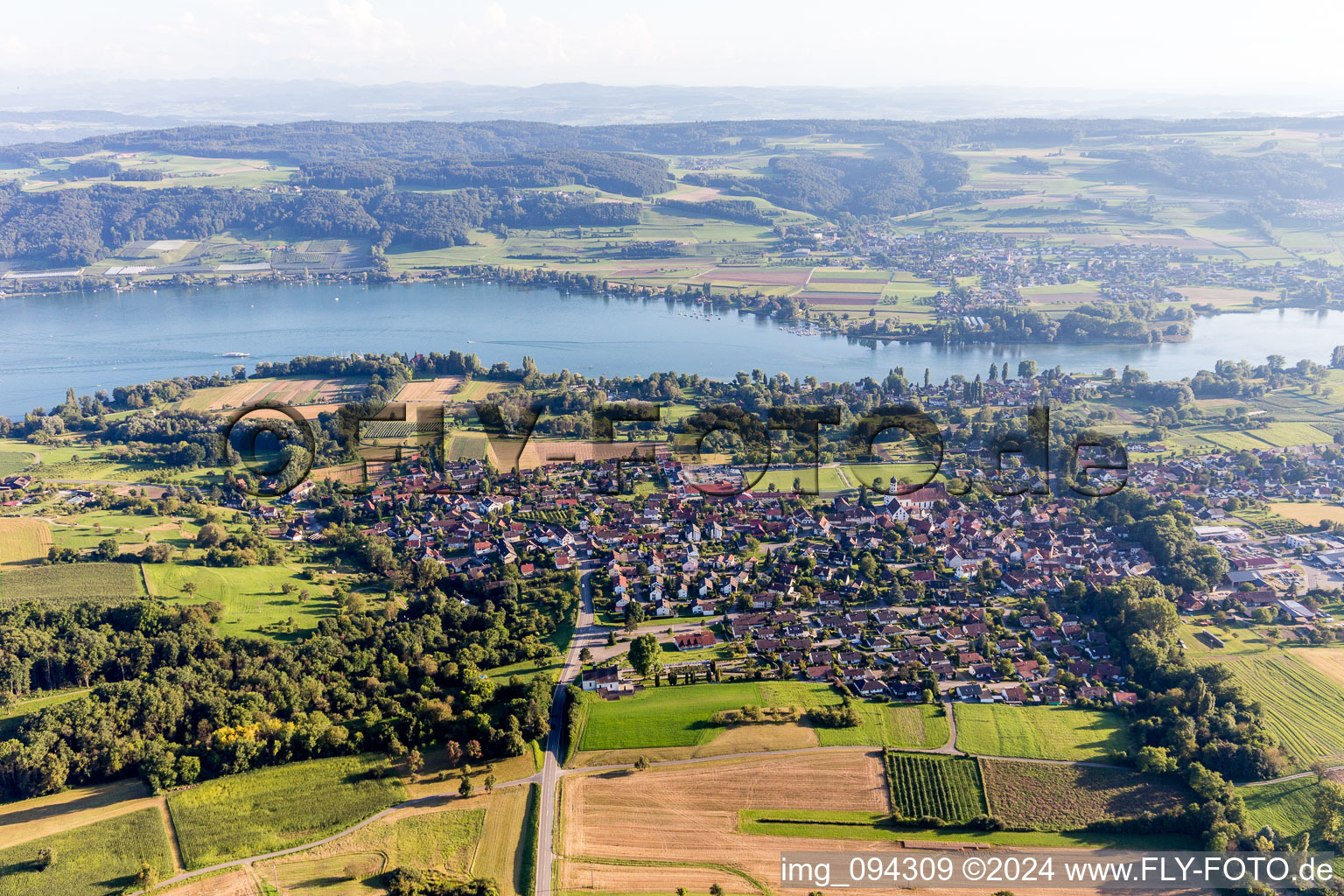 Village on the river bank areas of the Rhine river near lake of Constance in Oehningen in the state Baden-Wurttemberg, Germany