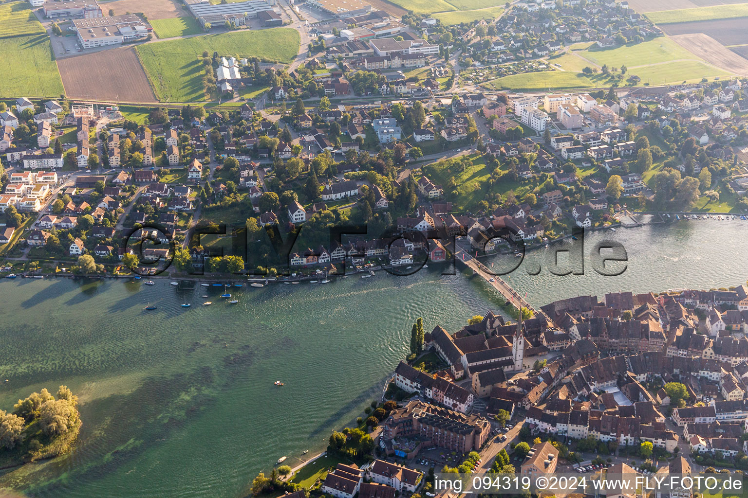 Aerial view of River - bridge construction across the Rhine in Stein am Rhein in the canton Schaffhausen, Switzerland