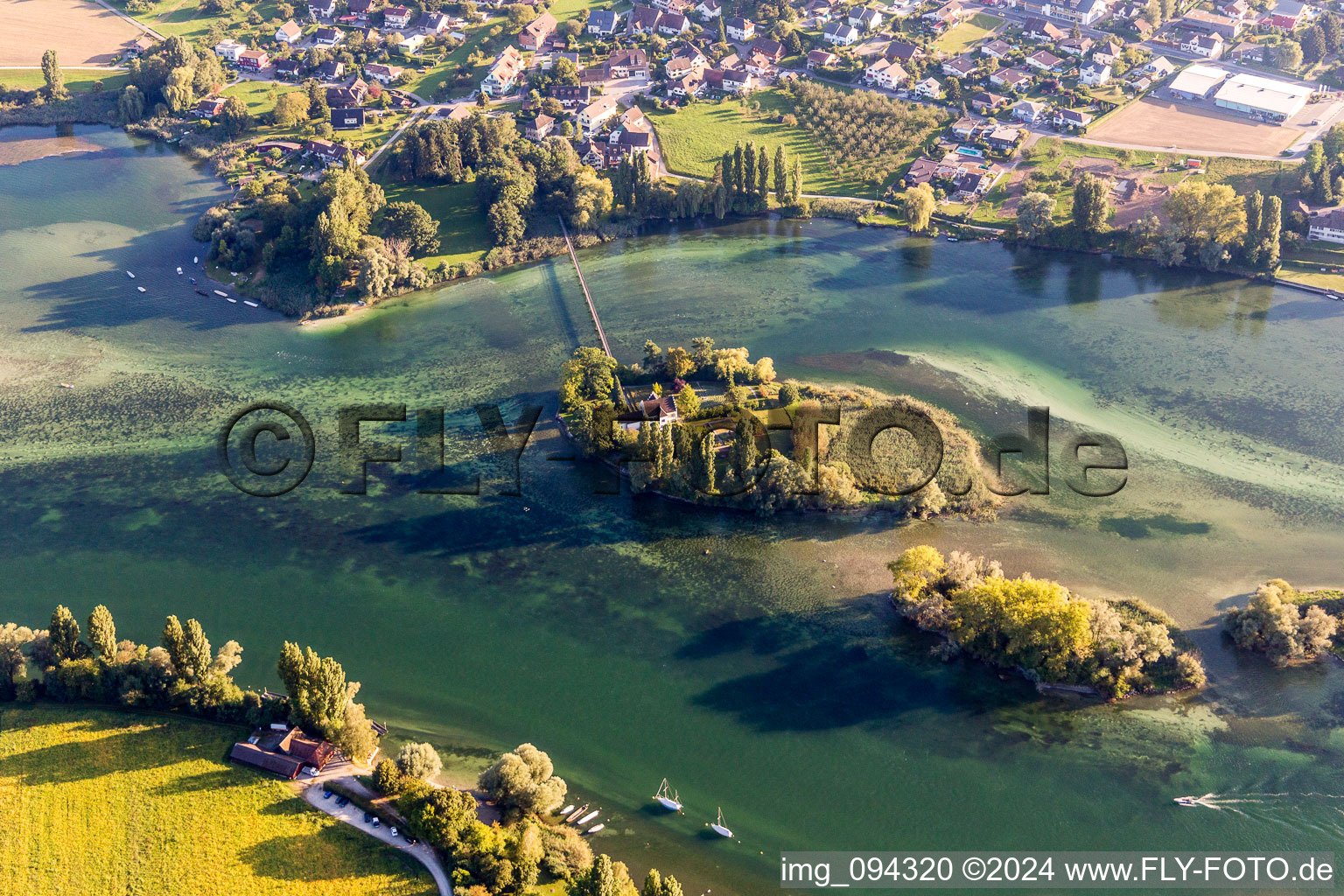 Island Werd on the banks of the river course of the Rhine river in Stein am Rhein in the canton Schaffhausen, Switzerland