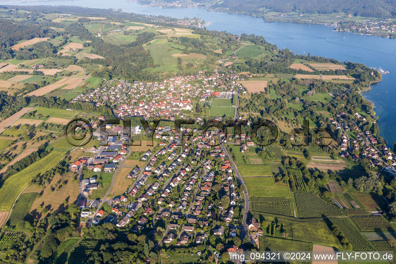 Aerial view of Village on the river bank areas of the Rhine river near lake of Constance in Oehningen in the state Baden-Wurttemberg, Germany