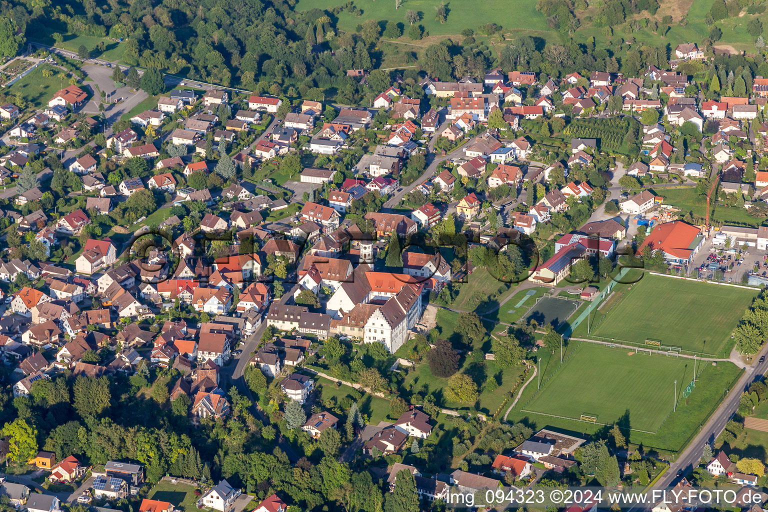 Building complex of the Augustinian Canonry Monastery Öhningen in front of the Church of St. Hippolyt and Verena in the district Stiegen in Öhningen in the state Baden-Wuerttemberg, Germany