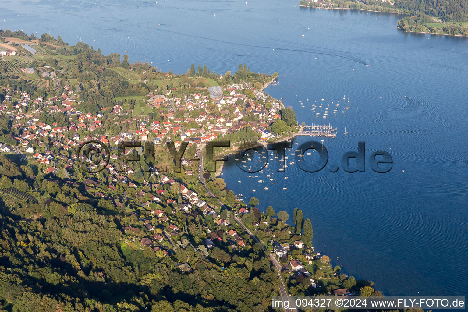 Aerial view of Village on the lake bank areas of Untersee in Wangen in the state Baden-Wurttemberg, Germany