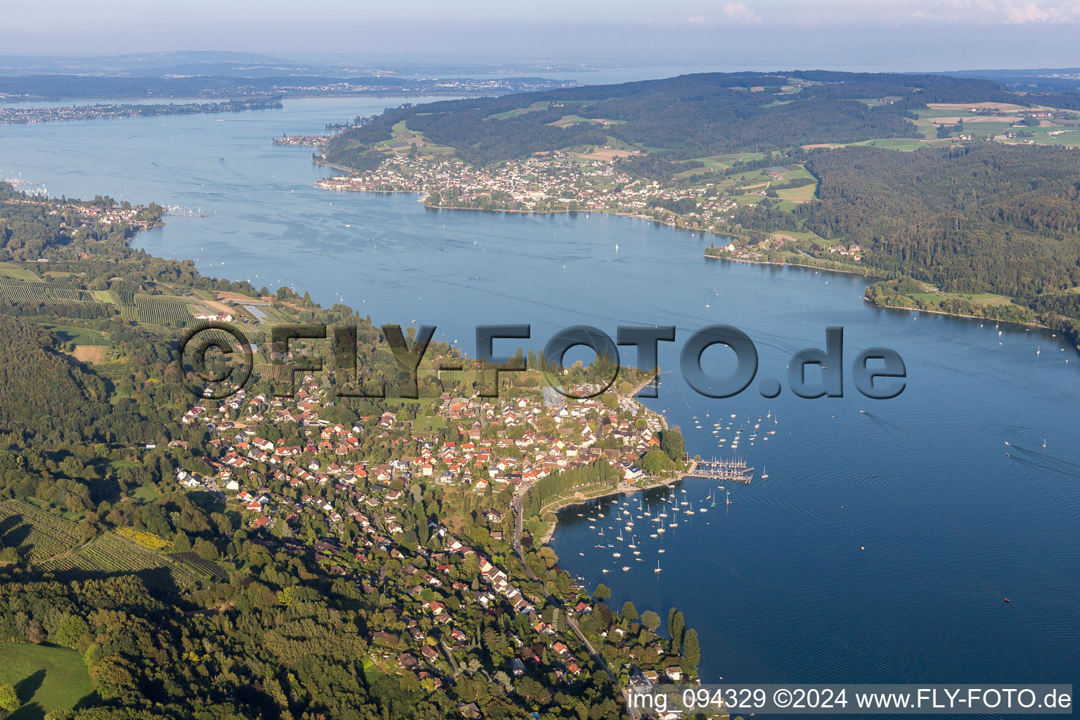 Aerial photograpy of Village on the lake bank areas of Untersee in Wangen in the state Baden-Wurttemberg, Germany