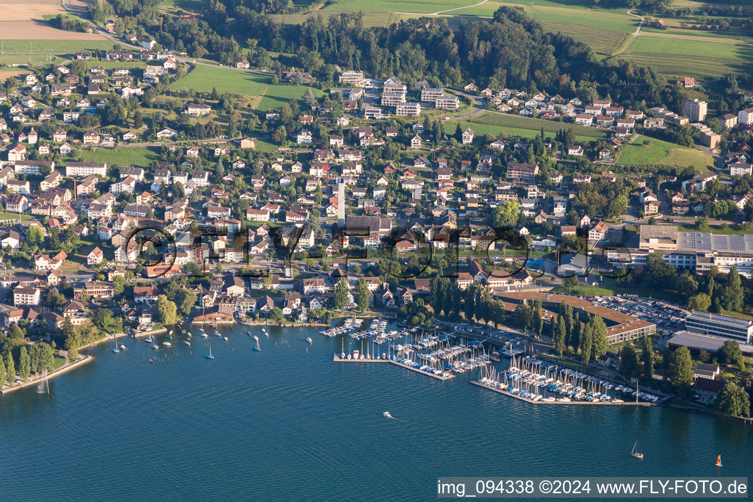 Pleasure boat marina with docks and moorings on the shore area of Lake of Constance in Steckborn in the canton Thurgau, Switzerland