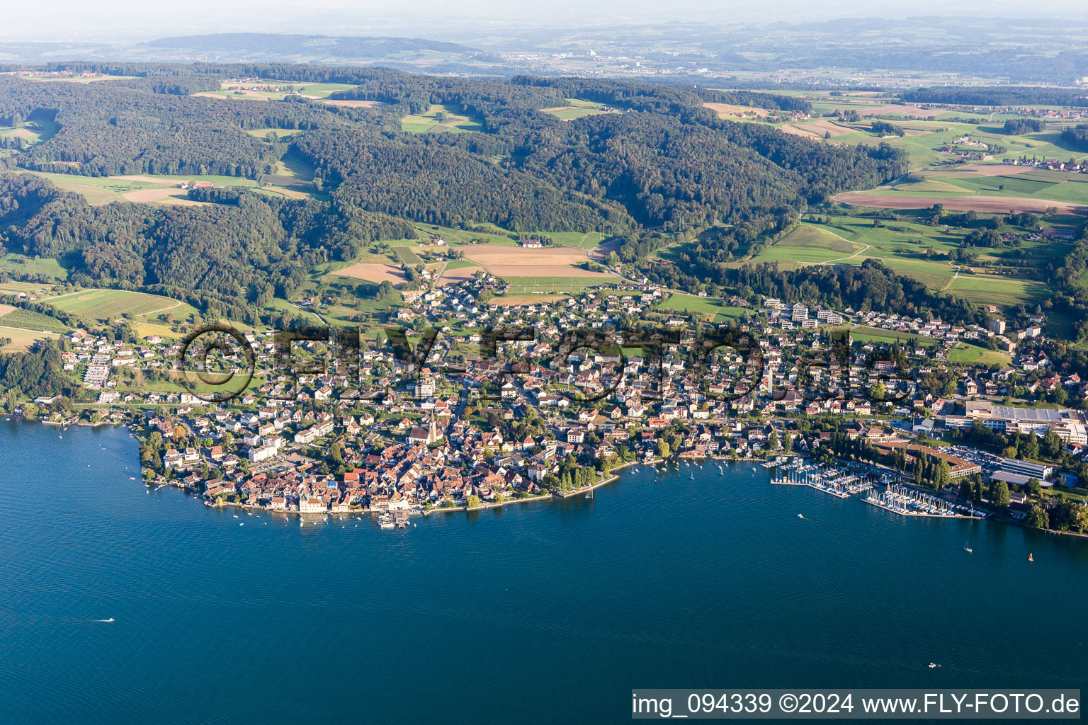 Aerial view of Pleasure boat marina with docks and moorings on the shore area of Lake of Constance in Steckborn in the canton Thurgau, Switzerland