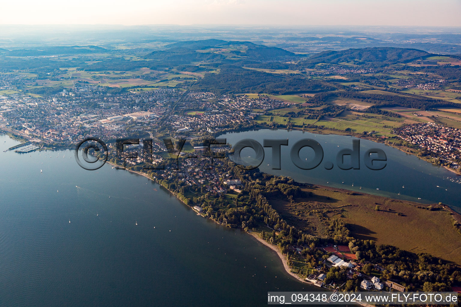 Aerial view of Radolfzell, Mettnau peninsula in Radolfzell am Bodensee in the state Baden-Wuerttemberg, Germany