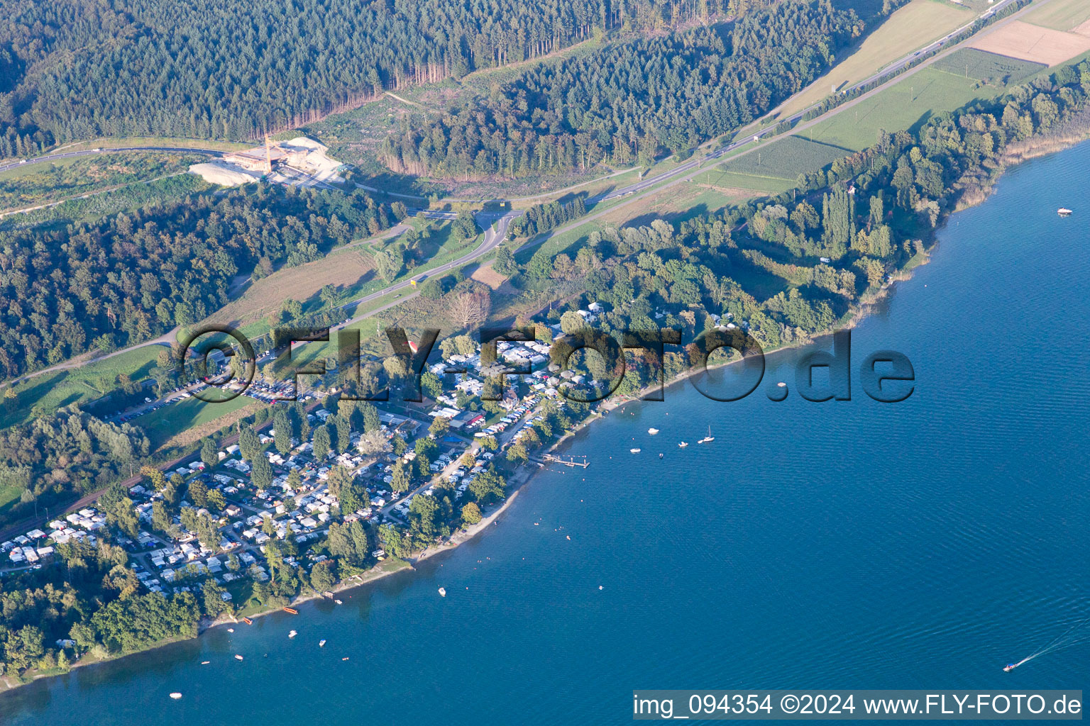 Aerial view of Camping William in the district Niederzell in Reichenau in the state Baden-Wuerttemberg, Germany