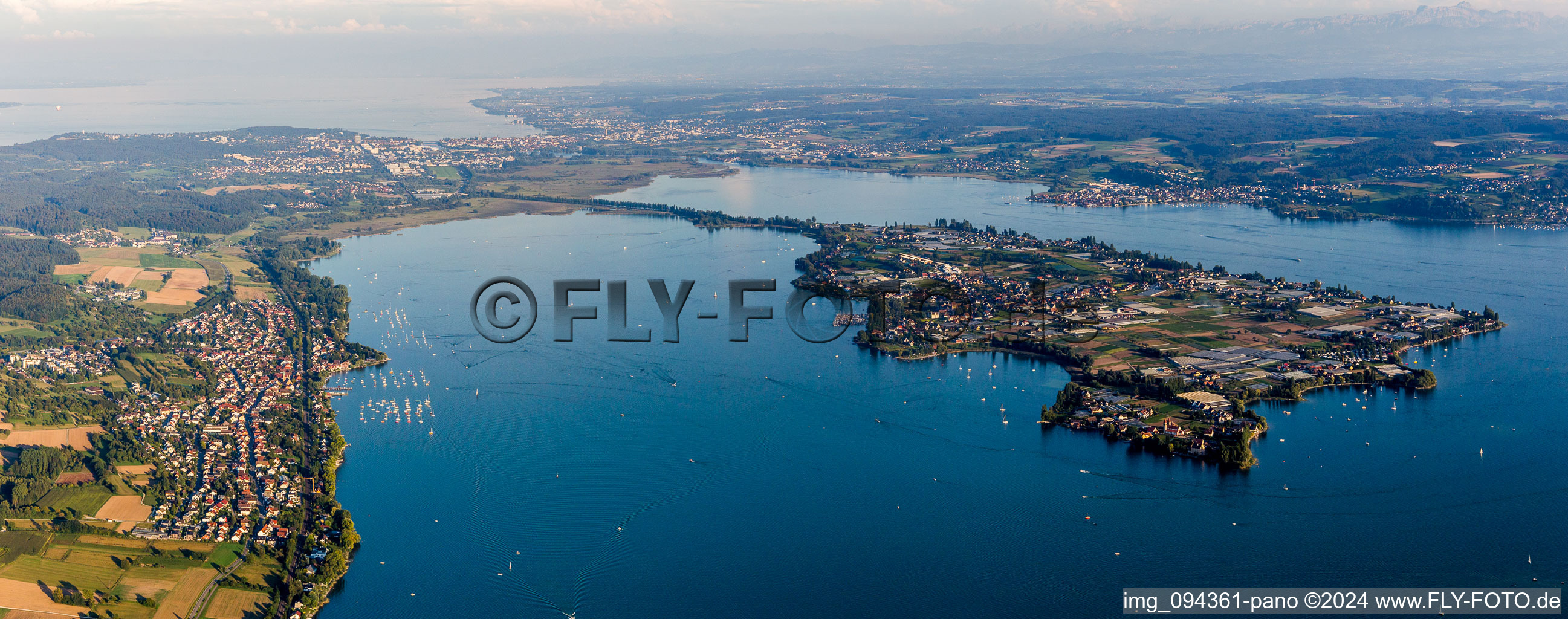 Panorama perspective of Lake Island Reichenau on the Lake Constance in the district Reichenau in Reichenau in the state Baden-Wurttemberg, Germany