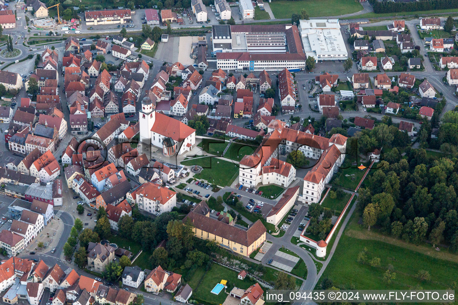 Aerial view of Building complex in the park of the castle Schloss Messkirch in Messkirch in the state Baden-Wurttemberg, Germany