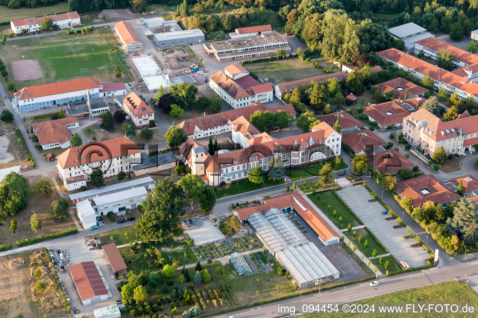 Aerial view of Buildings of the Childrens and Youth Home Jugendwerk St. Josef in the district Queichheim in Landau in der Pfalz in the state Rhineland-Palatinate, Germany