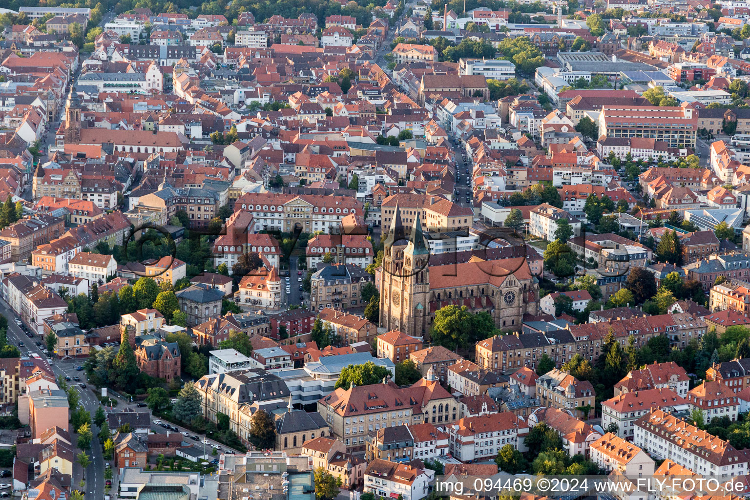 Aerial view of Church building in von  Old Town- center of downtown in Landau in der Pfalz in the state Rhineland-Palatinate, Germany