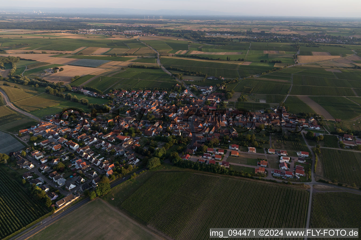Aerial view of Village - view on the edge of agricultural fields and farmland in Impflingen in the state Rhineland-Palatinate, Germany