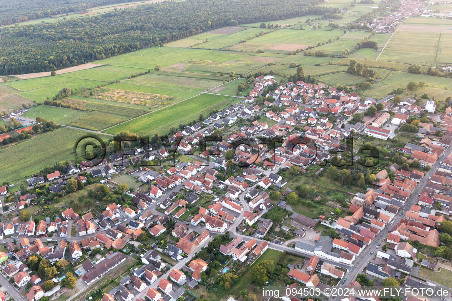Aerial view of Minfeld in the state Rhineland-Palatinate, Germany