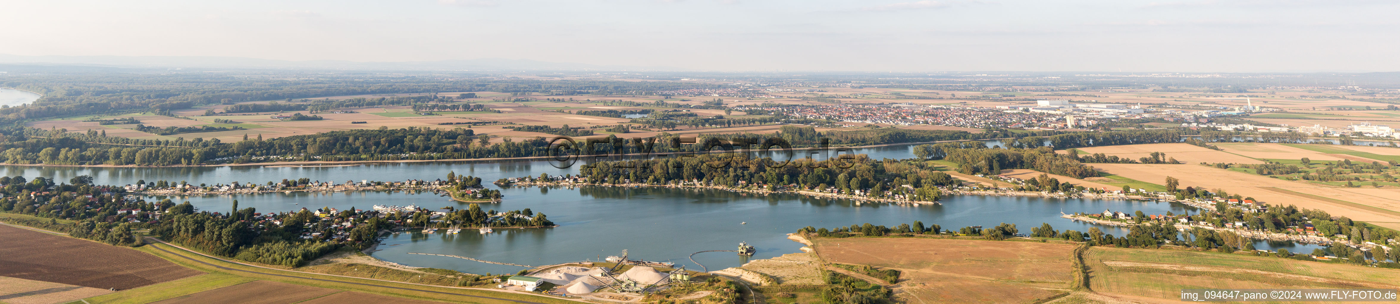 Panoramic perspective Riparian areas on the lake area of Eicher in the district Eicher See Wochenendhausgebiet in Hamm Am Rhein in the state Rhineland-Palatinate, Germany