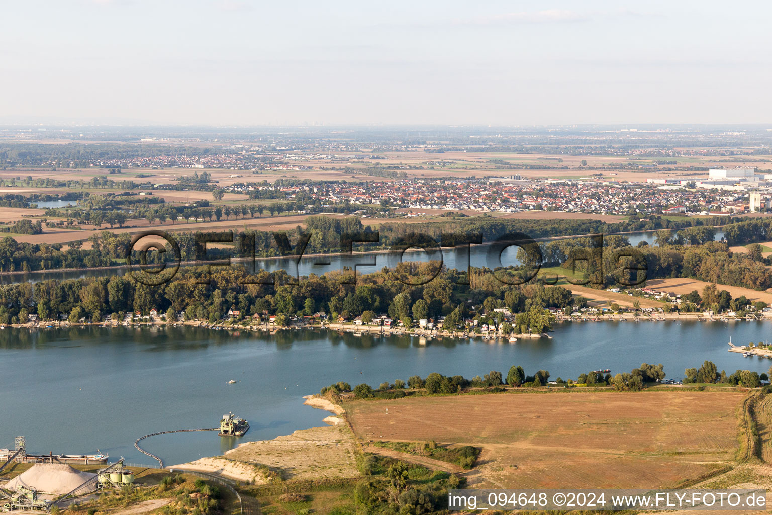 Aerial view of Eicher See weekend house area in Hamm Am Rhein in Eich in the state Rhineland-Palatinate, Germany