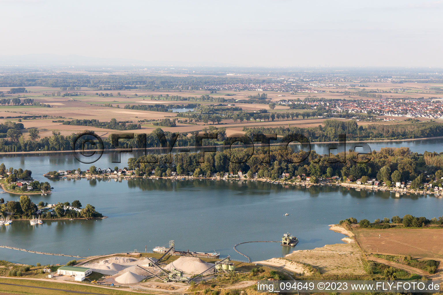 Aerial photograpy of Eicher See weekend house area in Hamm Am Rhein in Eich in the state Rhineland-Palatinate, Germany