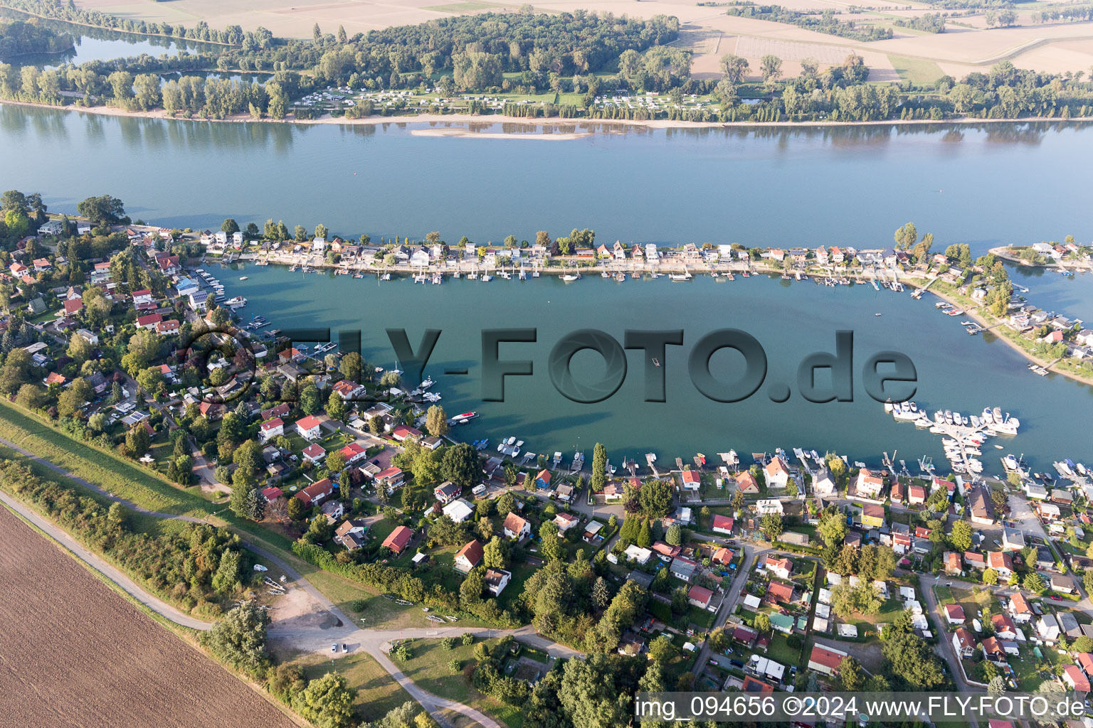Weekend camping and Beach areas of the Lake of Eich at the river Rhine in Eich in the state Rhineland-Palatinate