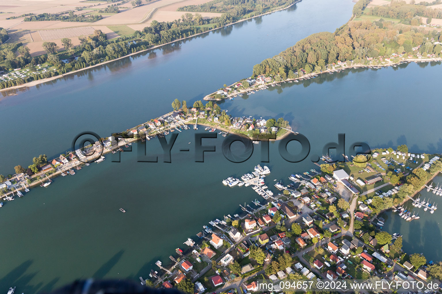 Aerial view of Weekend camping and Beach areas of the Lake of Eich at the river Rhine in Eich in the state Rhineland-Palatinate