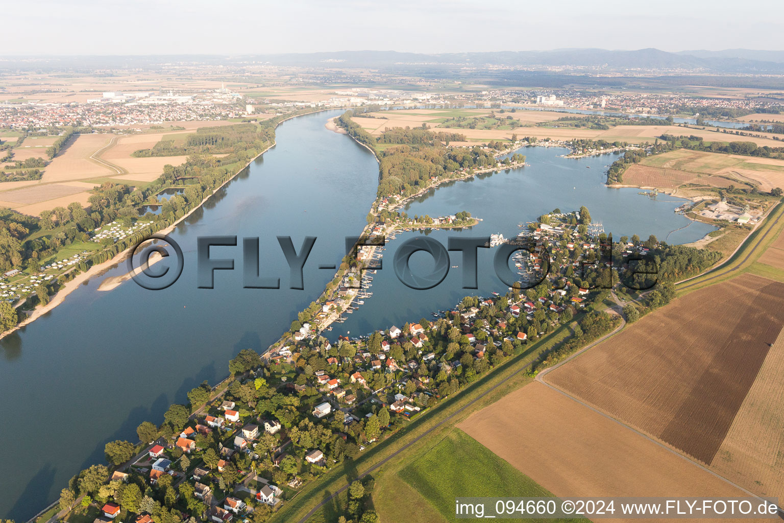 Aerial photograpy of Weekend camping and Beach areas of the Lake of Eich at the river Rhine in Eich in the state Rhineland-Palatinate