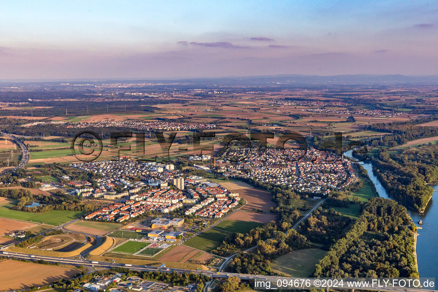 Aerial view of Town on the banks of the river of the Rhine river in the district Gustavsburg in Ginsheim-Gustavsburg in the state Hesse, Germany