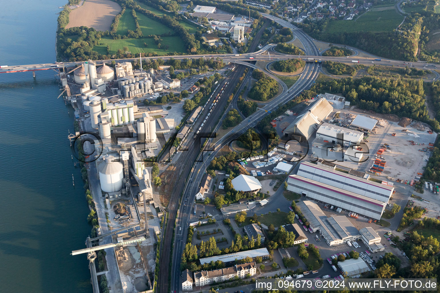 Aerial view of Heidelberg Cement, A60 motorway Rhine bridge in the district Weisenau in Mainz in the state Rhineland-Palatinate, Germany