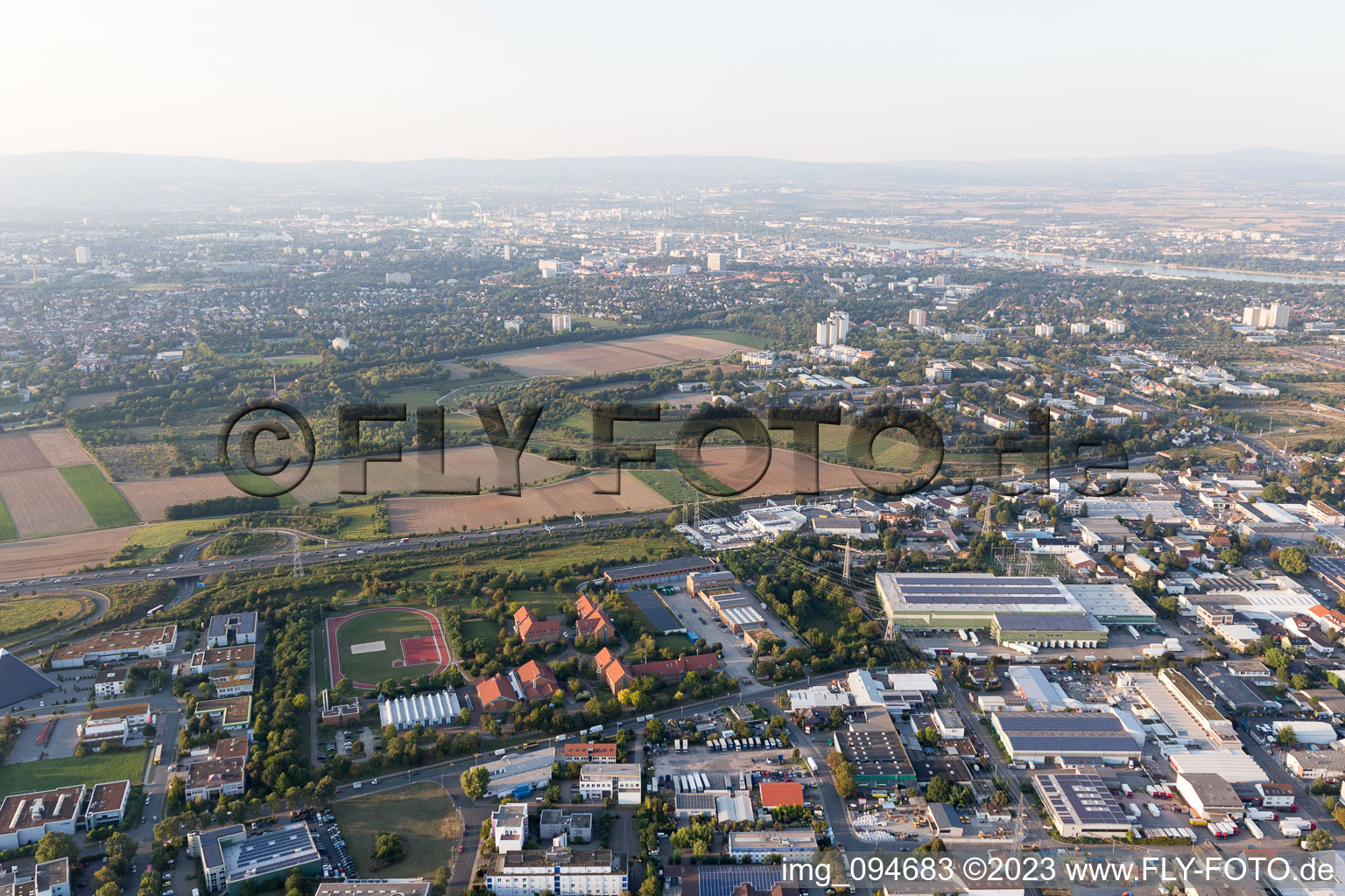 Aerial view of District Weisenau in Mainz in the state Rhineland-Palatinate, Germany