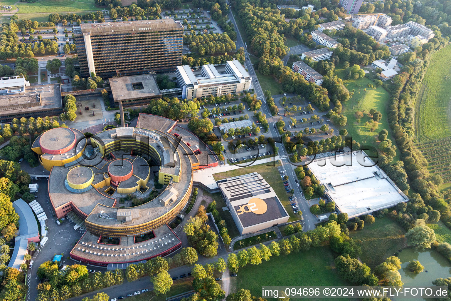 Complex of buildings on the broadcasting center Zweites Deutsches Fernsehen in the district Lerchenberg in Mainz in the state Rhineland-Palatinate, Germany