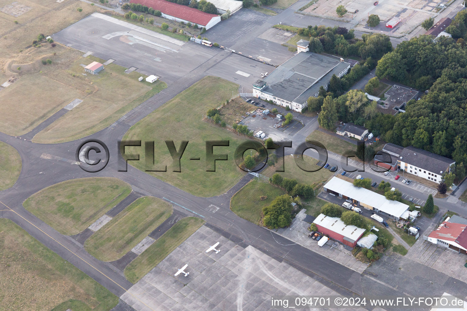 Aerial view of Mainz-Finten, airport in Finten in the state Rhineland-Palatinate, Germany