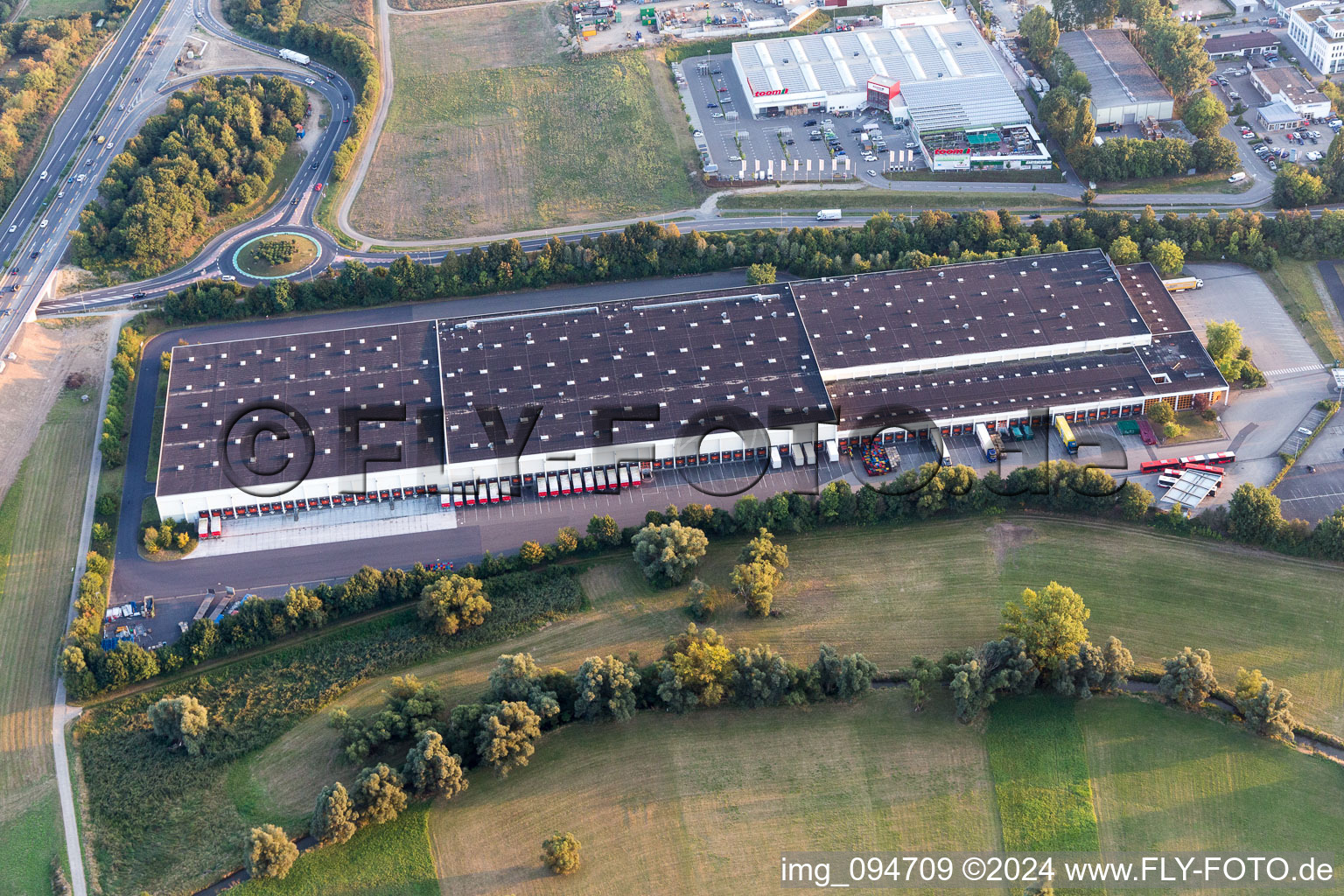 Aerial view of Building complex and distribution center on the site Tengelmann Warenhandelsgesellschaft LD- lager in Nieder-Olm in the state Rhineland-Palatinate, Germany