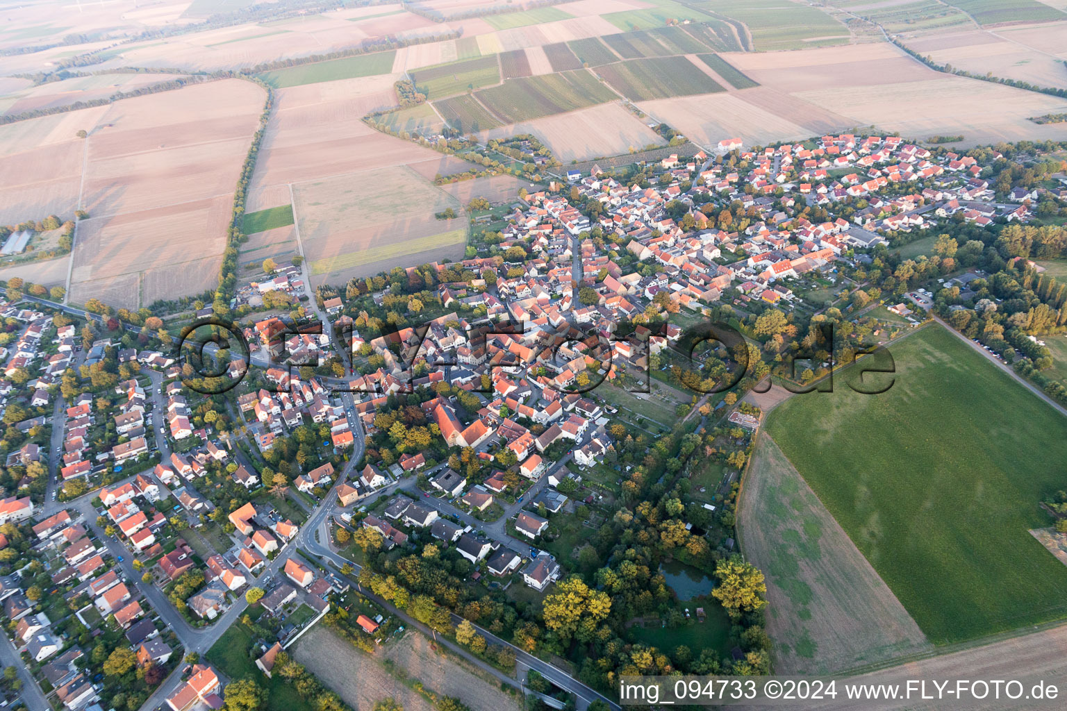 Aerial view of Town View of the streets and houses of the residential areas in Hahnheim in the state Rhineland-Palatinate, Germany