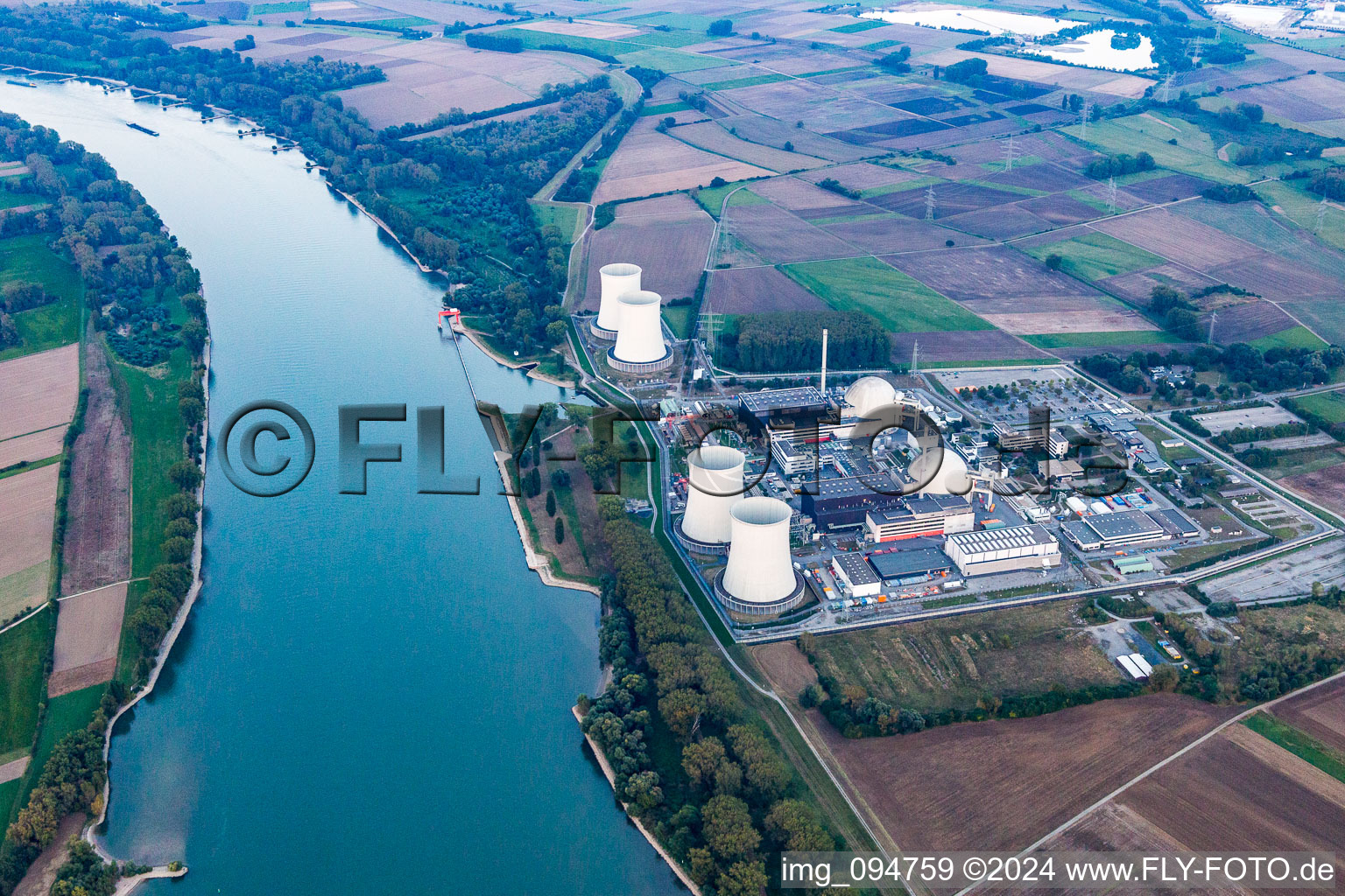 Nuclear power plant in the district Wattenheim in Biblis in the state Hesse, Germany from the drone perspective