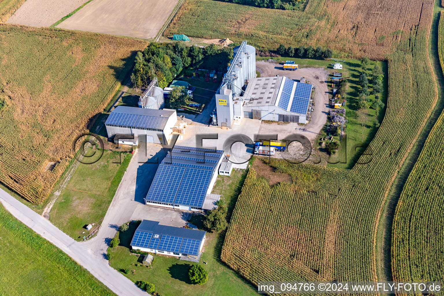 Aerial view of Homestead of a farm Bolz Landhandel GmbH in the district Liedolsheim in Dettenheim in the state Baden-Wurttemberg, Germany