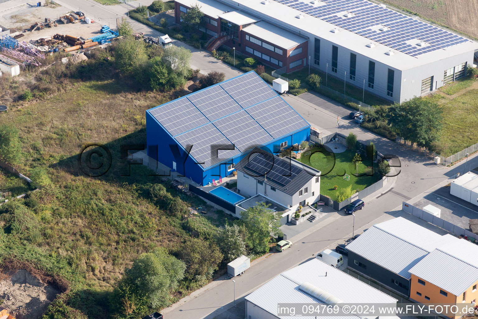 Solar roof on the Gewerbering in the district Rußheim in Dettenheim in the state Baden-Wuerttemberg, Germany