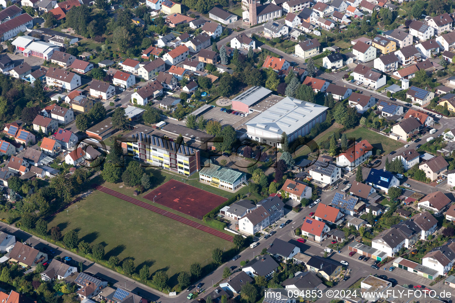 Sports hall, indoor swimming pool and Pestalozzi School Liedolsheim in the district Liedolsheim in Dettenheim in the state Baden-Wuerttemberg, Germany