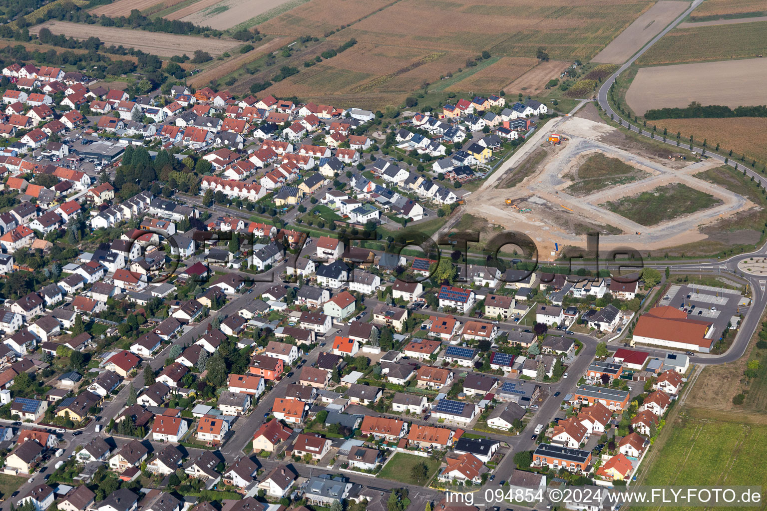 Development of new building area Am Kesselring in the district Liedolsheim in Dettenheim in the state Baden-Wuerttemberg, Germany