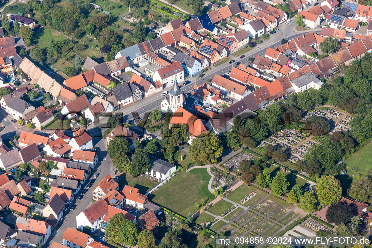 Aerial view of Church building in the village of in the district Liedolsheim in Dettenheim in the state Baden-Wurttemberg, Germany