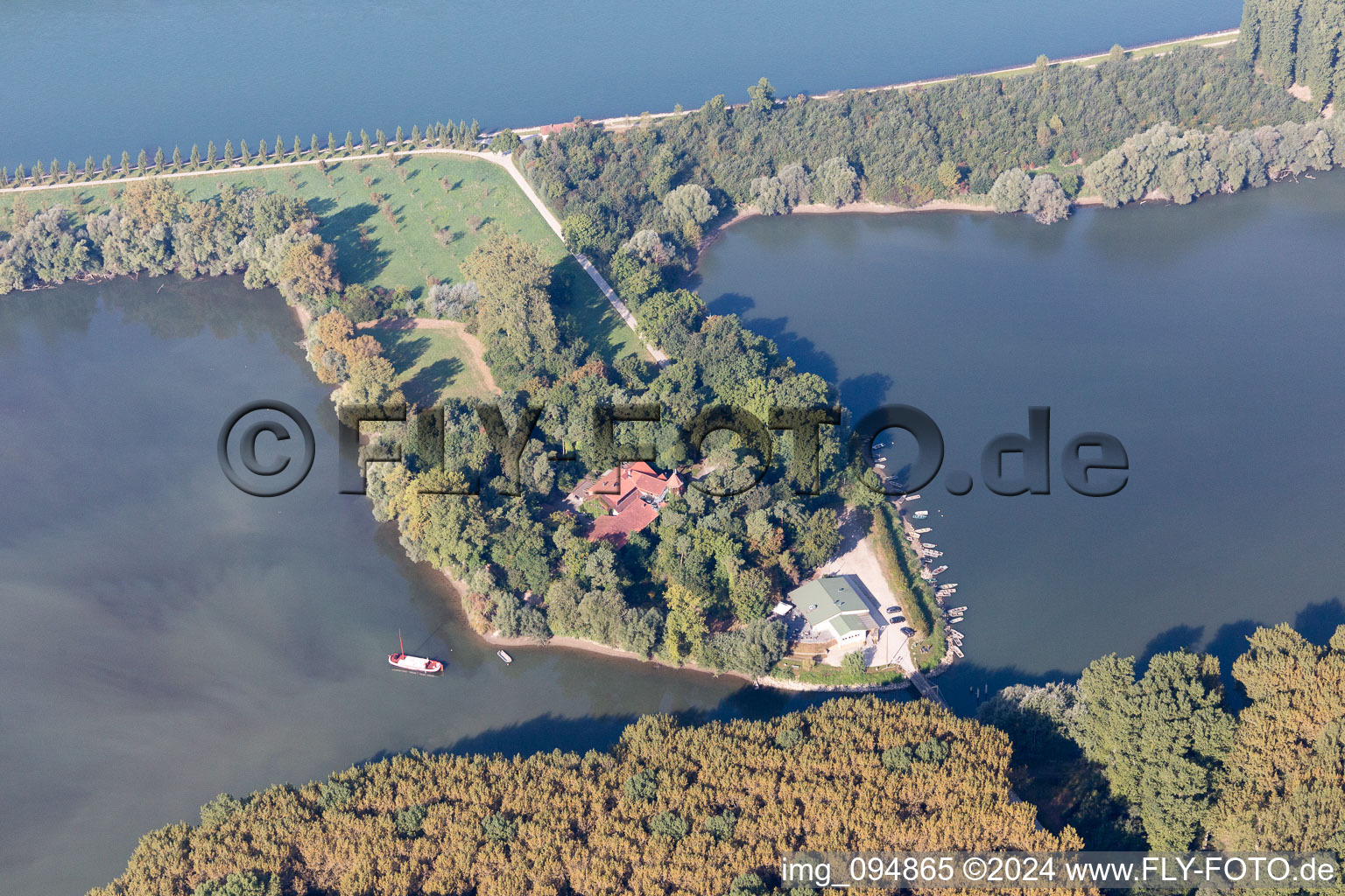 Aerial photograpy of Restaurant Insel Rott am Rhein in Linkenheim-Hochstetten in the state Baden-Wuerttemberg, Germany