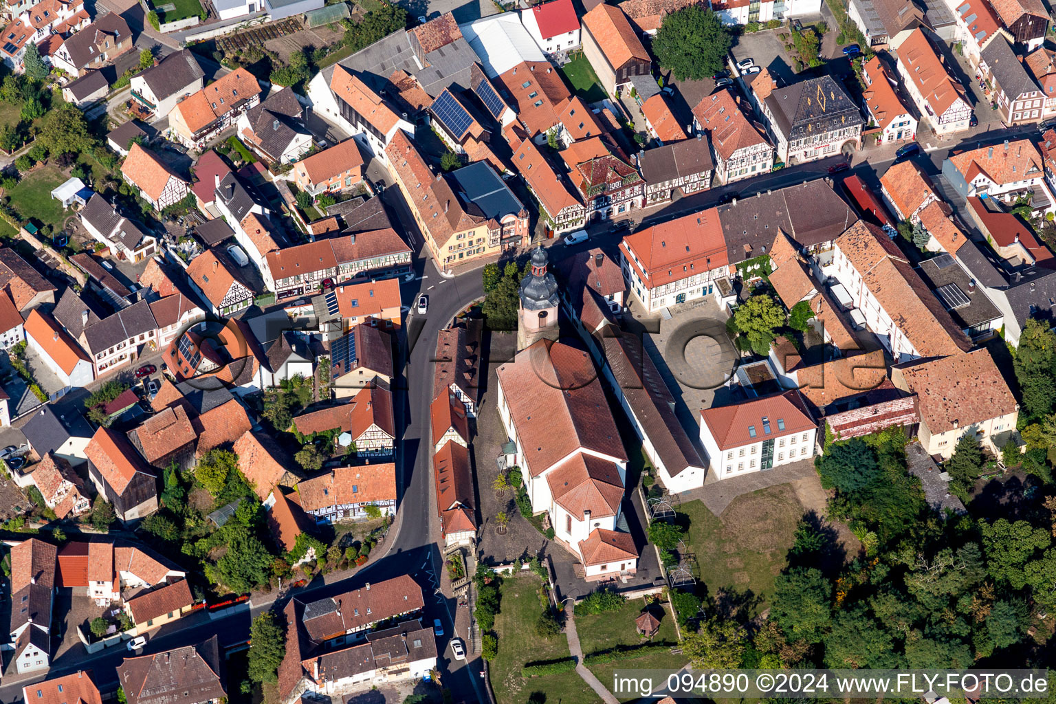 Aerial view of Catholic Church building in the village of in Rheinzabern in the state Rhineland-Palatinate, Germany