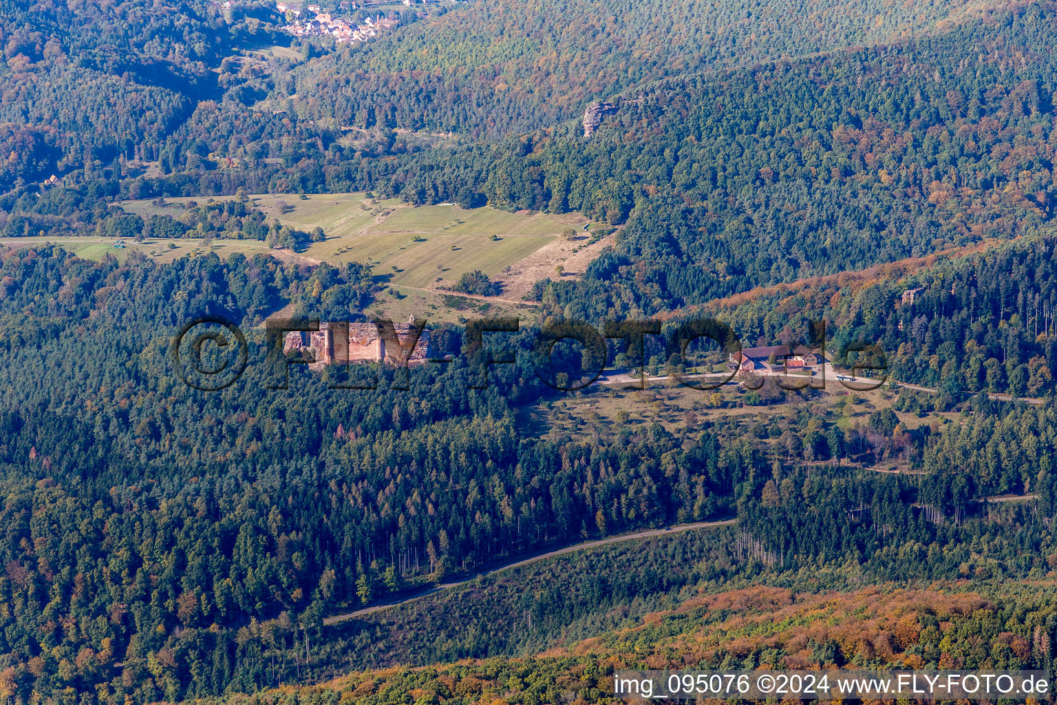 Ruins and vestiges of the former fortress Burg Fleckenstein with Cafe of 4 Chateaux in Lembach in Grand Est, France