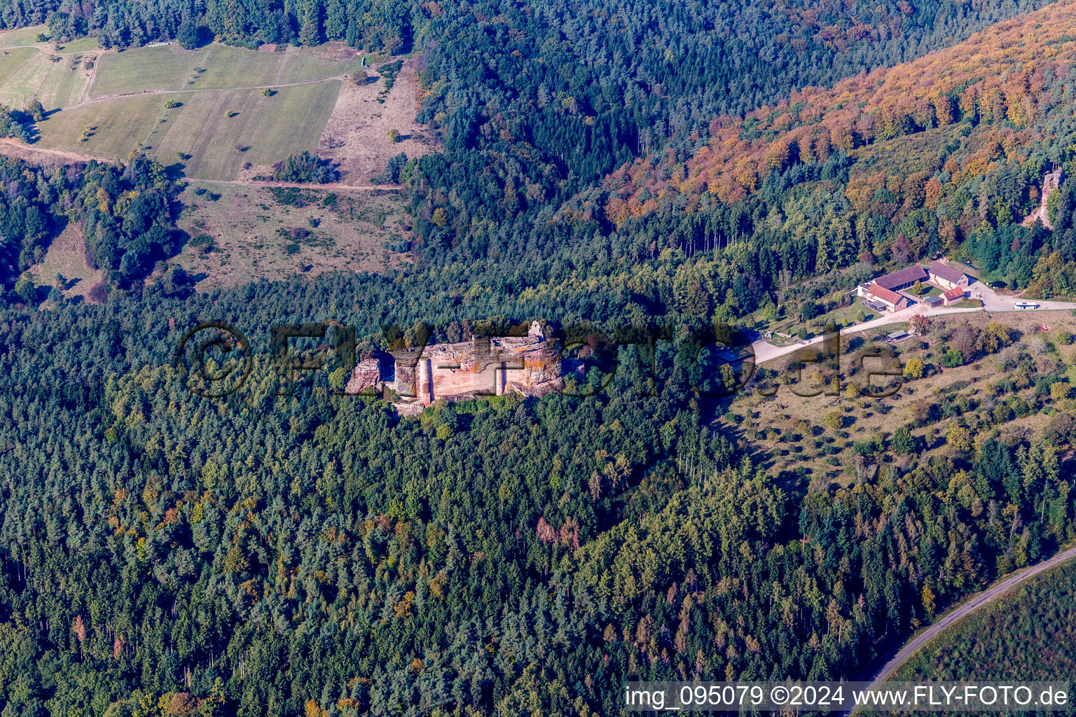 Aerial view of Ruins and vestiges of the former fortress Burg Fleckenstein with Cafe of 4 Chateaux in Lembach in Grand Est, France