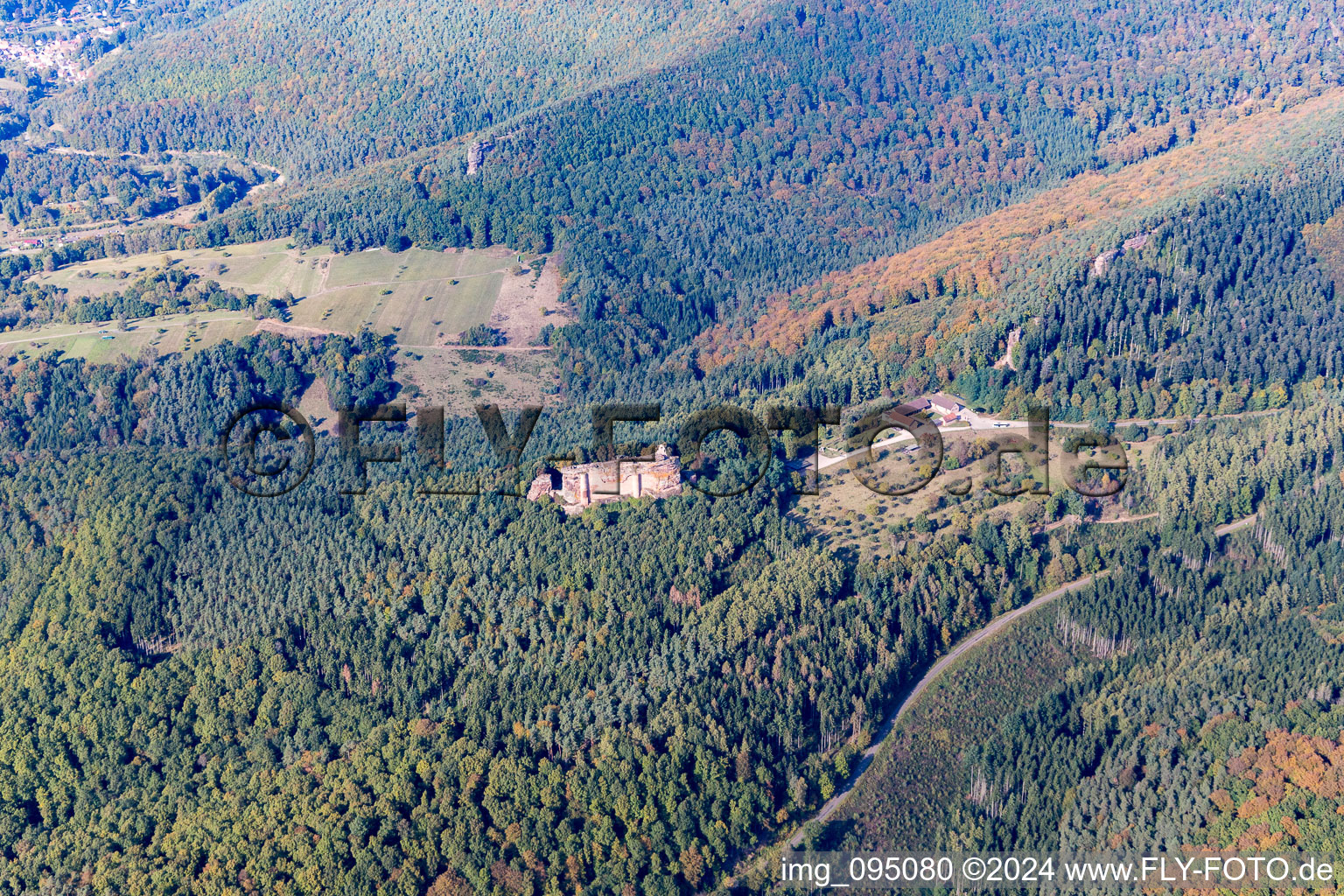 Aerial view of Fleckenstein Castle Ruins in Lembach in the state Bas-Rhin, France