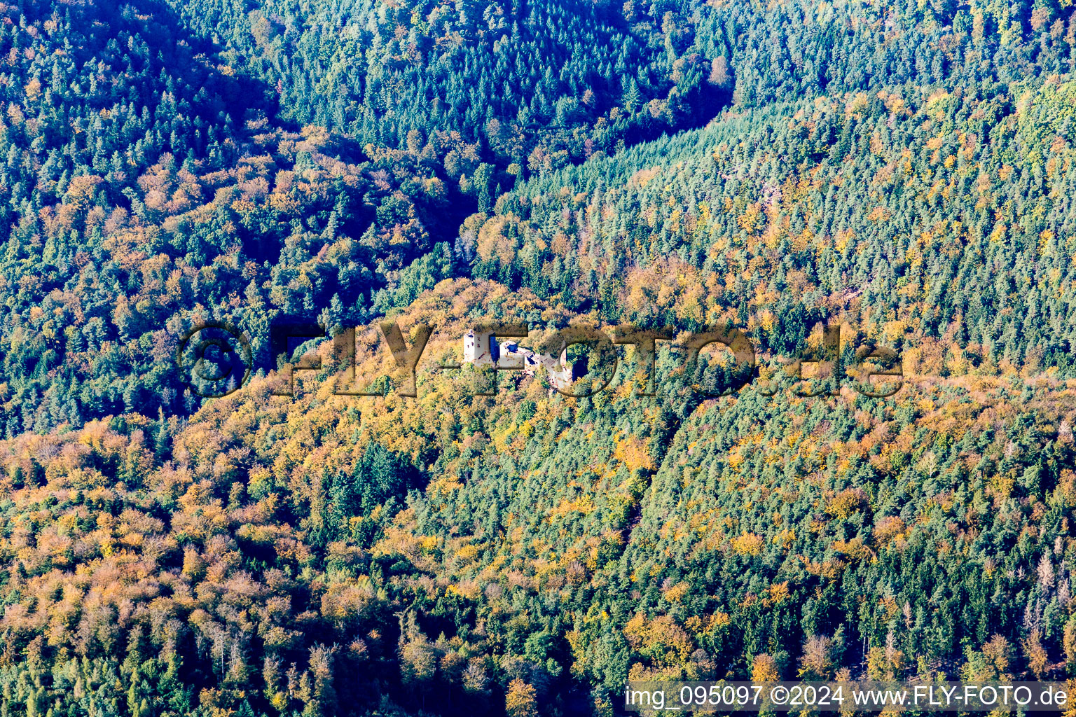 Aerial view of Froensburg in Lembach in the state Bas-Rhin, France