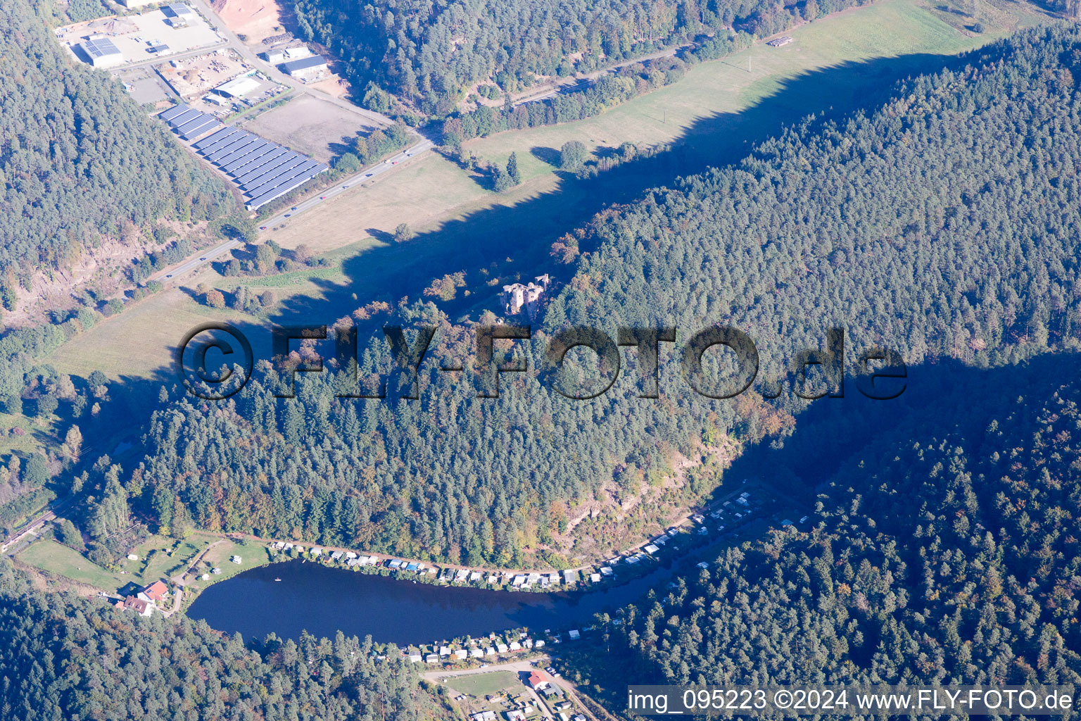 Aerial view of Camping Moosbachtal in Dahn in the state Rhineland-Palatinate, Germany