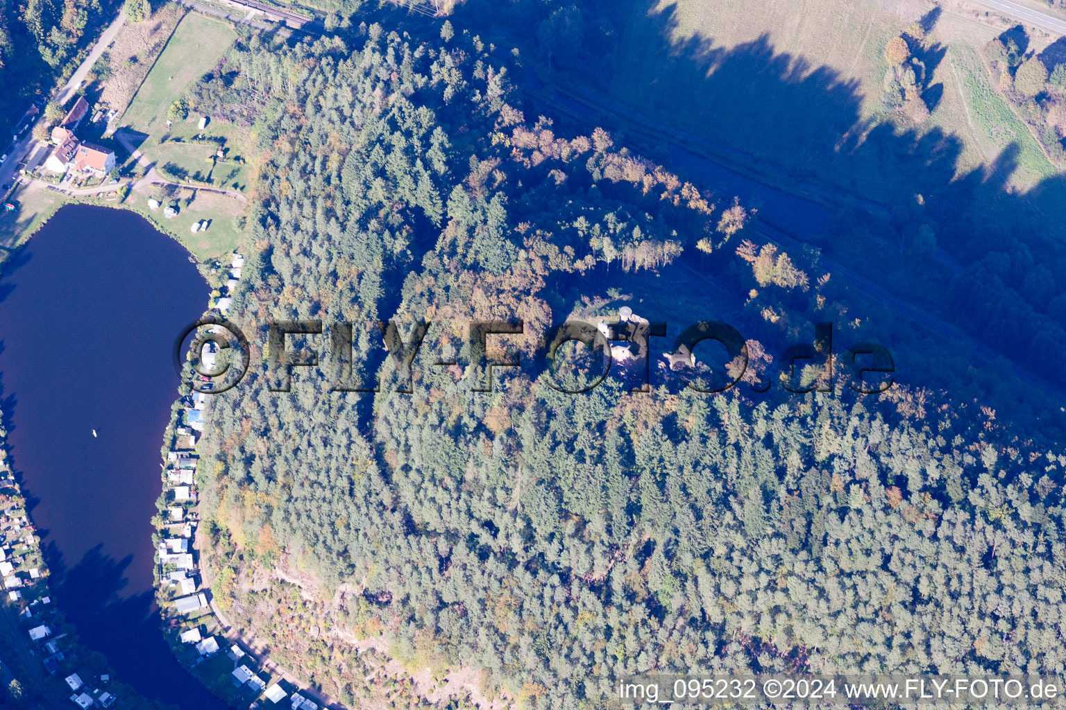 Neudahner Weiher campsite in Dahn in the state Rhineland-Palatinate, Germany from above