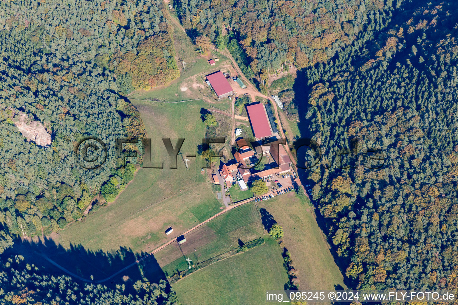 Aerial view of Organic Inn Bärenbrunnerhof in Busenberg in the state Rhineland-Palatinate, Germany