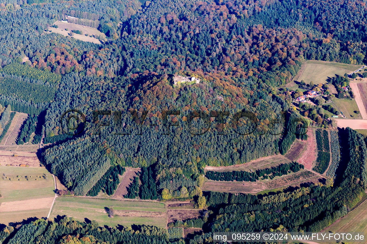Aerial view of Lindenfels ruins in Vorderweidenthal in the state Rhineland-Palatinate, Germany