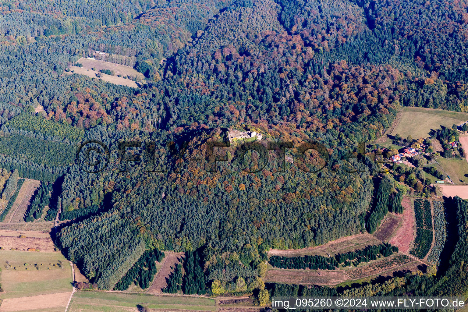 Aerial photograpy of Lindenfels ruins in Vorderweidenthal in the state Rhineland-Palatinate, Germany